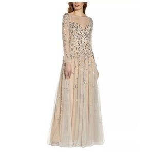 Adrianna Papell Beaded Sheer Long Sleeve V-back Ballgown in Silver/Nude